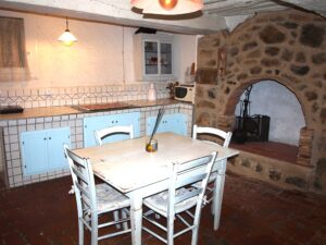 Zona giorno con camino e angolo cottura